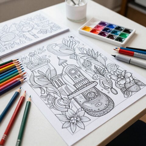 Beginner starting an adult coloring page with colored pencils on a table