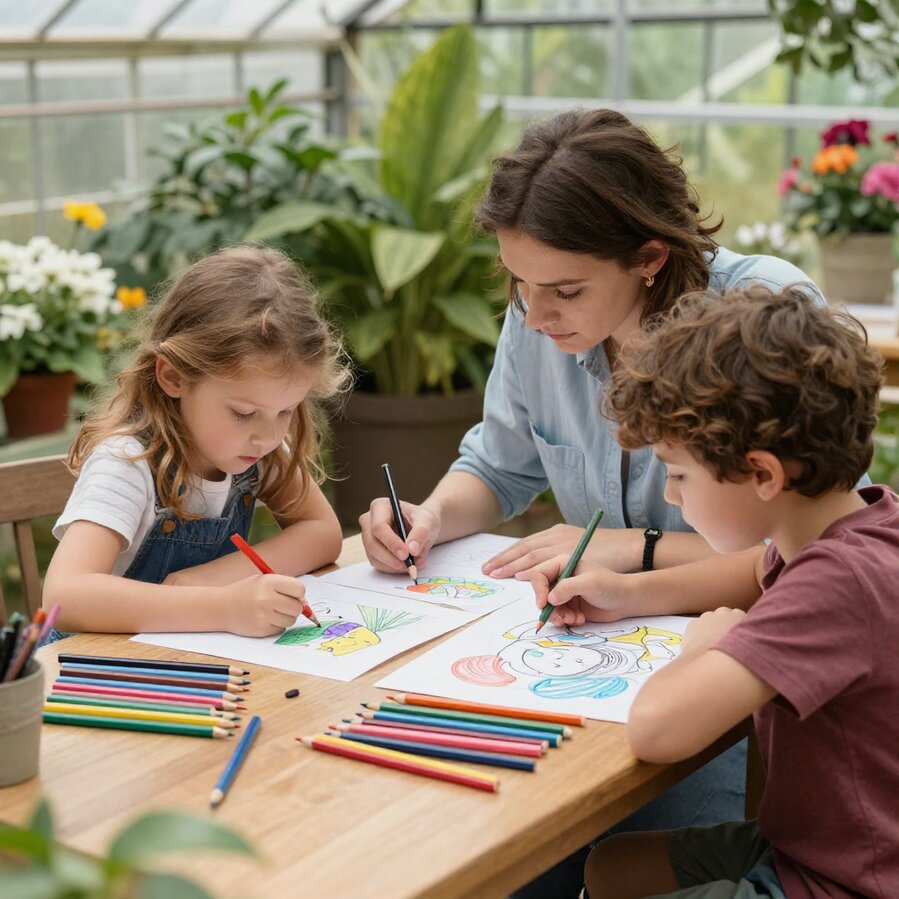 Family coloring printable pages together at a kitchen table