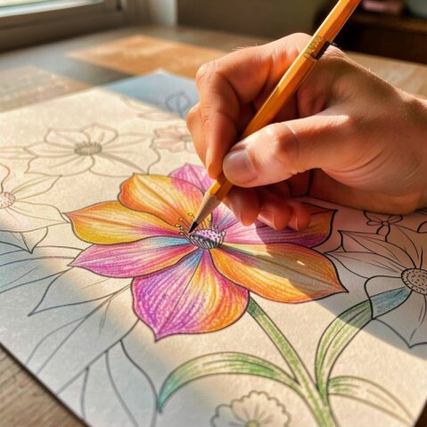 Adult focusing on an intricate coloring page in a peaceful setting