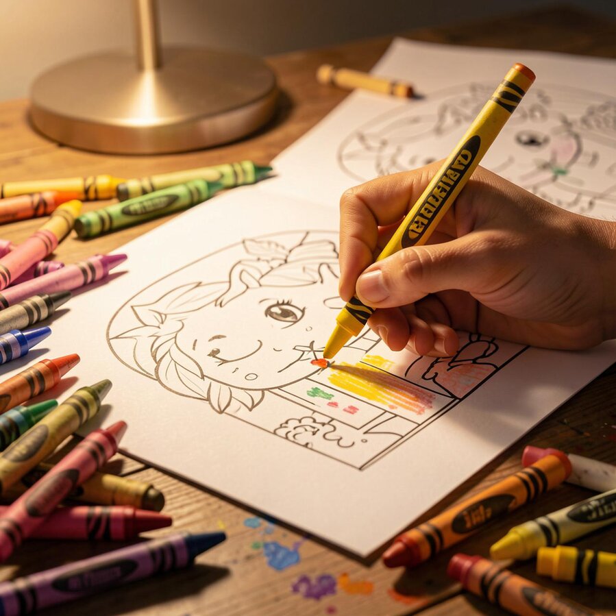 Beginner following a coloring ebook while working on a simple page