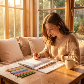 Person calmly coloring an adult coloring page with a mug of tea nearby