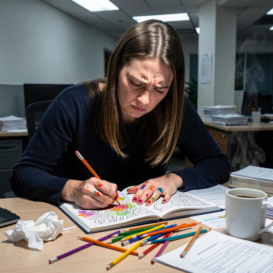 Professional relaxing by coloring at a desk after work